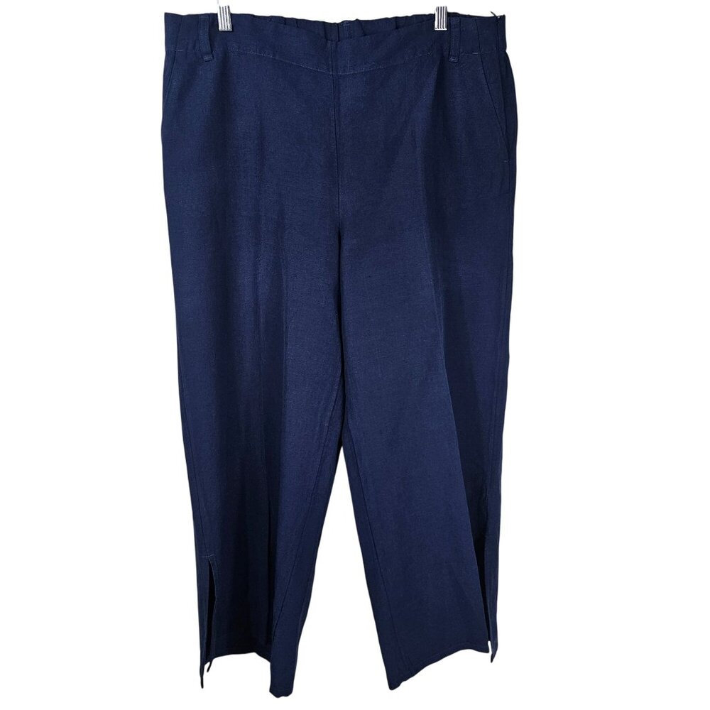 J. Jill Linen Blend Cropped Pants L Navy Slit Hem Pull On Lagenlook Coastal
